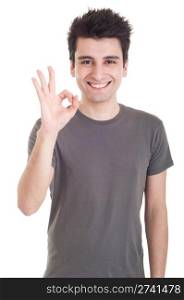 smiling casual man showing ok sign isolated on white background