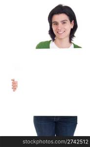 smiling casual woman displaying a banner ad isolated on white background
