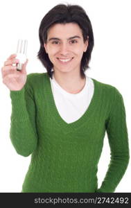 smiling casual woman holding a energy-saving lightbulb isolated on white background