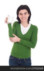 smiling casual woman holding coffee/tea mug (isolated on white background)