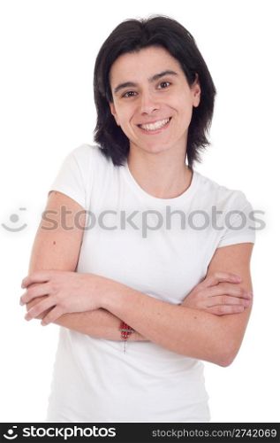 smiling casual woman portrait isolated on white background (folded arms)