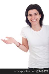 smiling casual woman showing copy space (isolated on white background)
