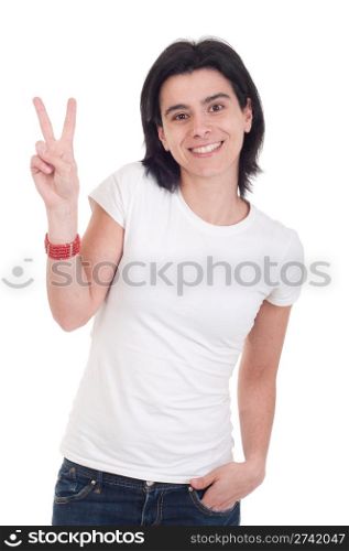 smiling casual woman showing victory hand sign isolated on white background