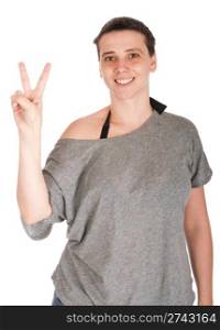 smiling casual woman showing victory hand sign, isolated on white background