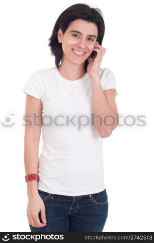 smiling casual woman talking on the phone isolated on white background