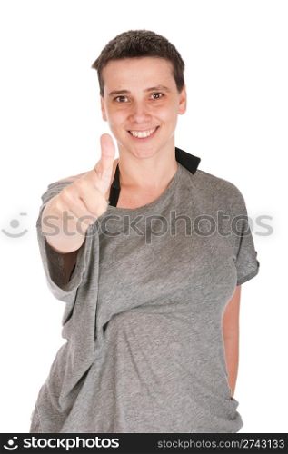 smiling casual woman with thumb up gesture, isolated on white background
