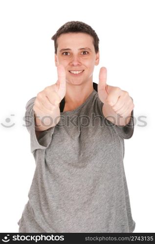 smiling casual woman with thumbs up gesture, isolated on white background