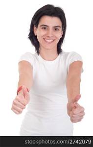 smiling casual woman with thumbs up on an isolated white background