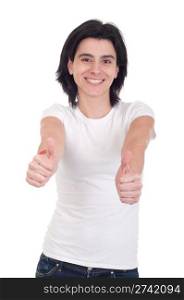 smiling casual woman with thumbs up on an isolated white background