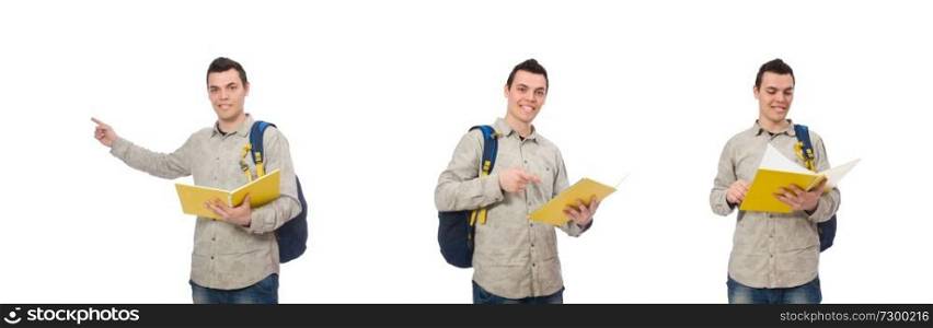 Smiling caucasian student with backpack and book isolated on white. Smiling caucasian student with backpack and book isolated on whi