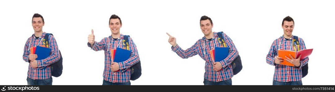 Smiling caucasian student with backpack and book isolated on white. Smiling caucasian student with backpack and book isolated on whi