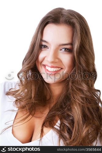 smiling cheerful cute woman on white background