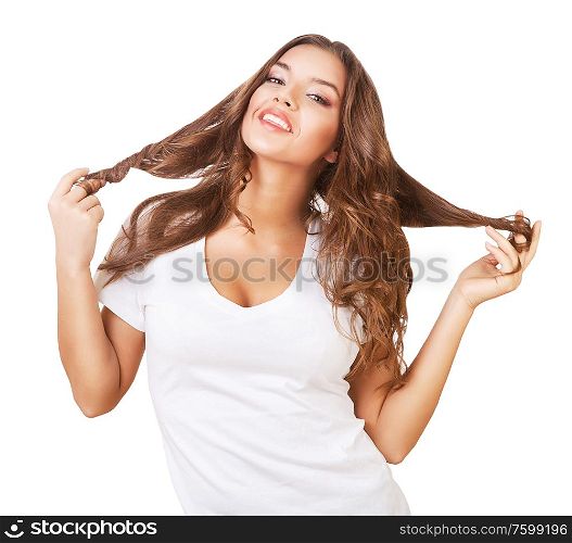 smiling cheerful cute woman with long hair on white background