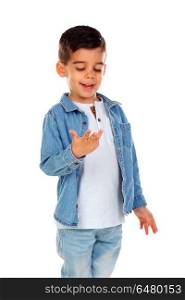 Smiling child counting his fingers isolated on a white background