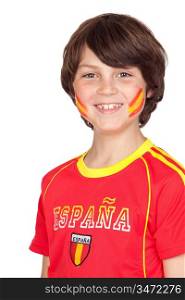 Smiling child fan of the Spanish team isolated on white background