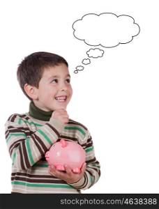 Smiling child with a moneybox thinking isolated on a white background