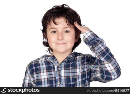 Smiling child with plaid t-shirt isolated on white background