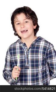 Smiling child without a toothbrush isolated on white background