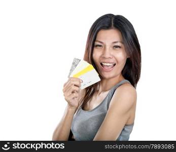 Smiling Chinese woman holding multiple credit cards in hands