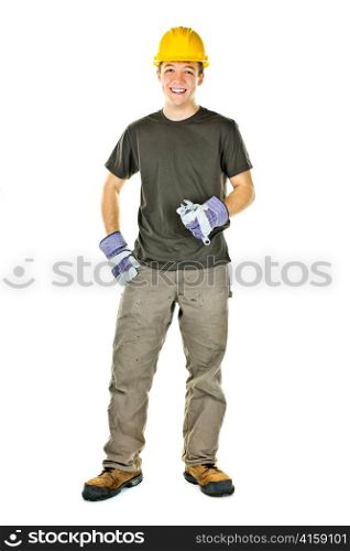 Smiling construction worker holding wrench isolated on white background