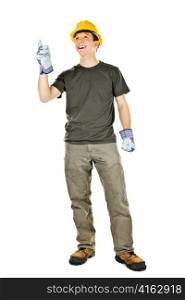 Smiling construction worker pointing up standing isolated on white background