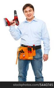 Smiling construction worker with electric screwdriver