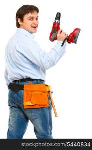Smiling construction worker with electric screwdriver look back&#xA;