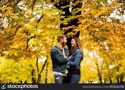 Smiling couple hugging in autumn park