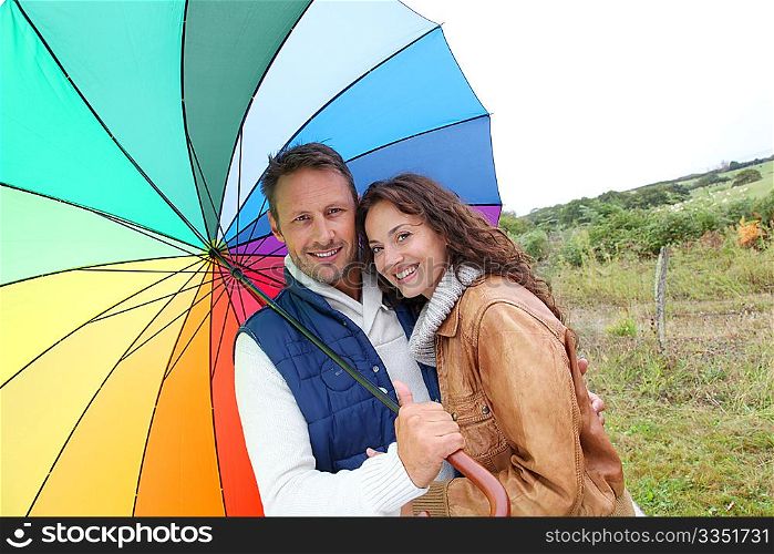 Smiling couple on a raining day