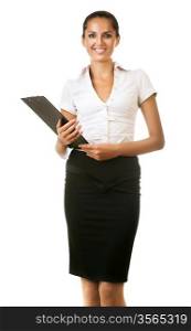 smiling cute business woman with black folder on white background