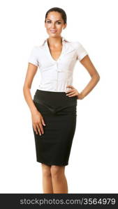 smiling cute businesswoman in black skirt on white background