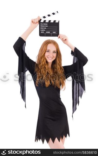 Smiling cute witch isolated on white