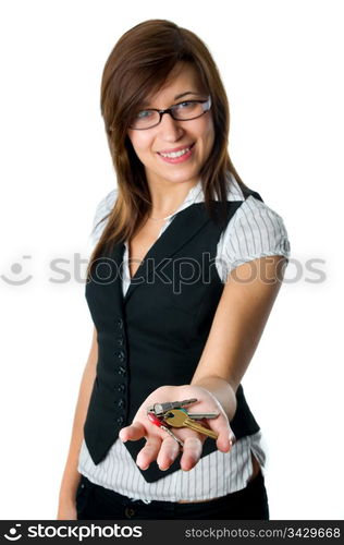 Smiling developer gives keys to new home. Isolated on white background