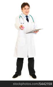 Smiling doctor holding clipboard and prescription drugs in hands isolated on white&#xA;