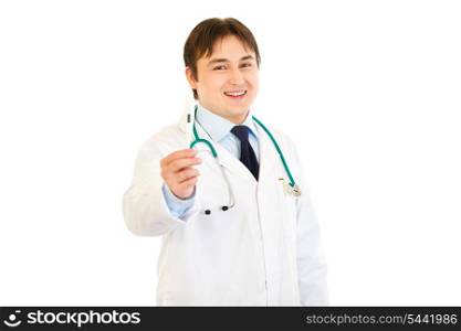 Smiling doctor holding medical thermometer in hand isolated on white&#xA;