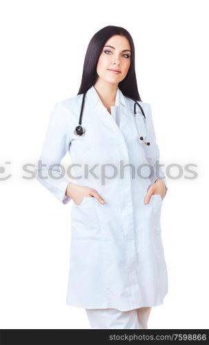 smiling doctor in white with stethoscope on white background