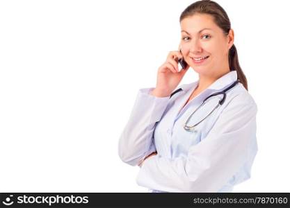 Smiling doctor talking on the phone on a white background
