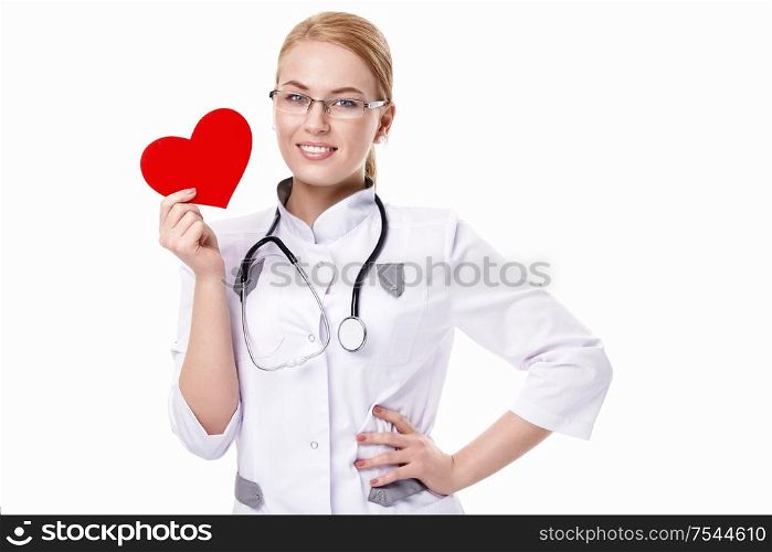 Smiling doctor with a heart isolated
