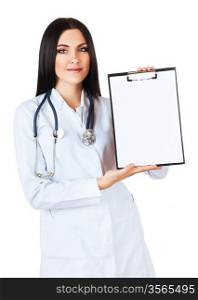 smiling doctor with folder and stethoscope on white background