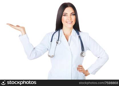 smiling doctor with stethoscope on shoulders on white background