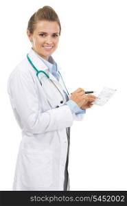 Smiling doctor woman with prescription