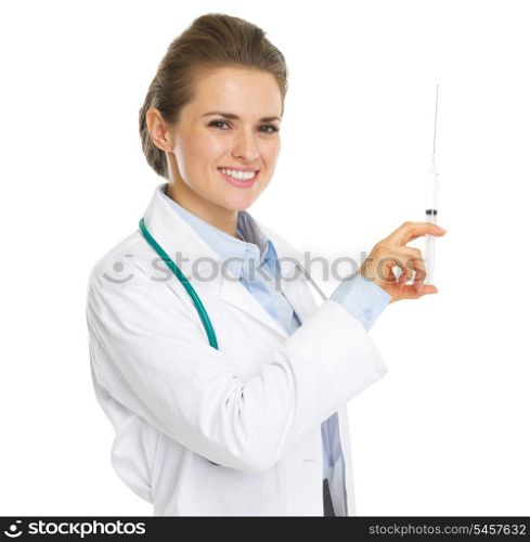 Smiling doctor woman with syringe