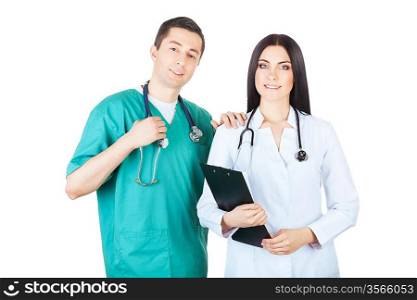 smiling doctors in uniforms on white background