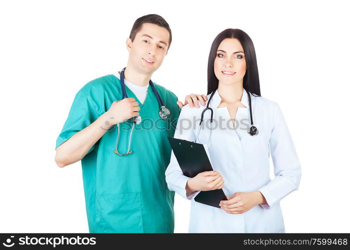 smiling doctors in uniforms on white background