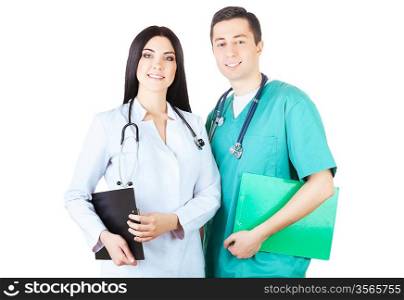 smiling doctors with folders on white background