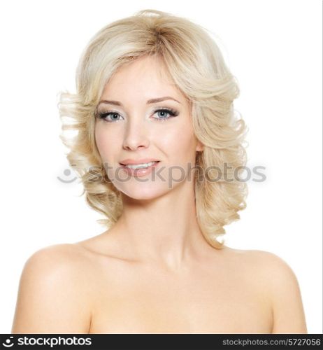 Smiling face of an young blonde pretty woman, on white background