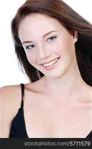 smiling face of young beautiful teen shot on white background