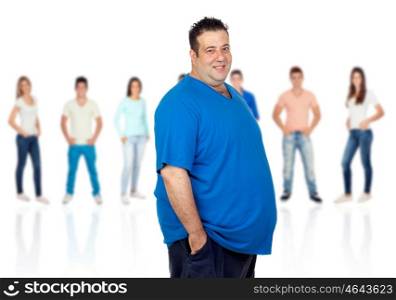 Smiling fat woman with unfocused people of background