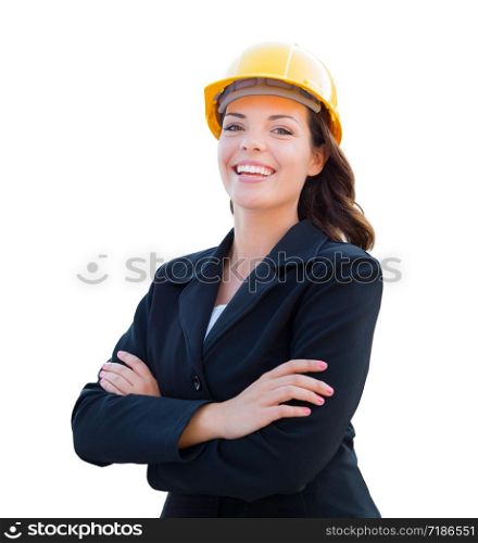 Smiling Female Contractor In Hard Hat Isolated On White.