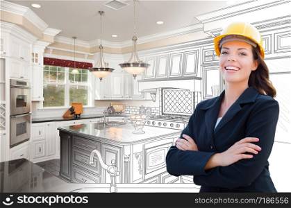 Smiling Female Contractor Over Kitchen Drawing Gradating to Photo.